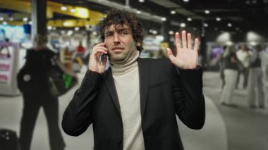 Yoğun havaalanı terminalinde telefonla konuşan bir adam, kapalı mekanda, seyahat elbisesini ve modern gezginin hareketli ortamların ortasındaki ruh halini sergilerken yakalandı..