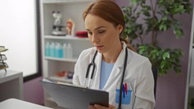 Bir klinikte tıbbi ekipman ve bitkilerle not alan kadın doktor, profesyonel bir sağlık hizmeti ortamı sergiliyor..