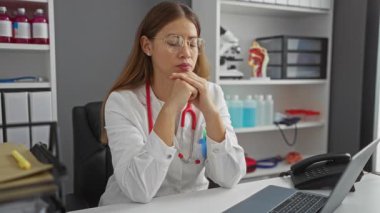 Klinikteki bir kadın, gözlüğünü çıkarırken stresli görünüyor. Etrafı tıbbi ekipmanlarla çevrili. Masasında kırmızı steteskop ve dizüstü bilgisayarı ve telefonu olan beyaz bir ceket giyiyor..