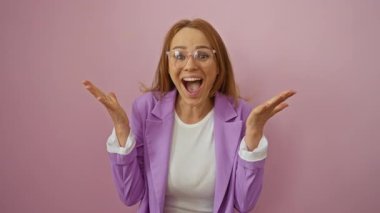 Pembe arka planda mor ceketli gülümseyen bir kadın. Elleri havada, ağzı açık sevinç ve şaşkınlık ifade ediyor..