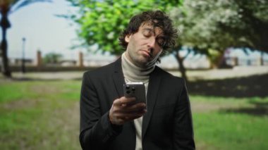 Parkta akıllı telefon kullanan genç adam güneşli bir günde yemyeşil bir ortamda rahatlama ve modern bir bağlantı kuruyor..