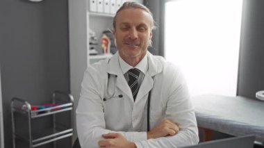 Kollarını kavuşturup hastane odasında steteskop kullanan gülümseyen sarışın erkek doktor profesyonel bir tıbbi çevreye sahip olduğunu gösteriyor..