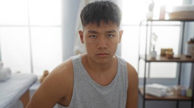 Genç Çinli bir adam kaplıca odasında kolsuz bir bluz giyiyor, etrafı süslerle çevrili ve buzlu camlardan içeri parlak bir ışık salıyor..