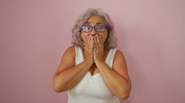 Orta yaşlı, gri saçlı, mavi gözlüklü, elleri ile ağzını kapatan, pembe arka planda soyutlanmış İspanyol bir kadın..