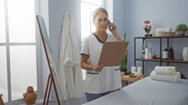 Sarışın, olgun bir kadın huzurlu bir spa odasında panoya başvuruyor. Havlular ve bitkiler gibi sağlık ve güzellik unsurları sergiliyor..