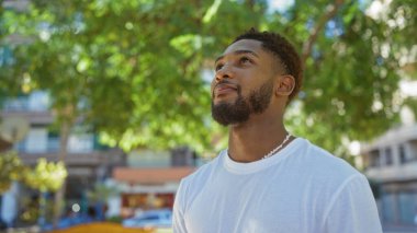 Şehir parkında duran genç adam güneşli bir günde arka planda yeşil ağaçlarla yukarı bakıyor..