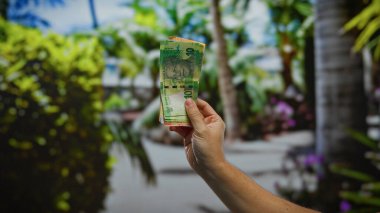 Bir şehir parkında el ele tutuşan Güney Afrika rand banknotları açık hava, finans temaları ve şehir yaşam tarzını yansıtıyor.