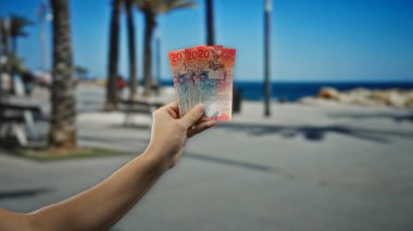 Güneşli bir şehir caddesinde İsviçre frangı banknotları tutan adam, şehir hayatının canlı özünü yakalıyor ve açık havada palmiye ağaçları ve açık mavi bir gökyüzü arasında finans..