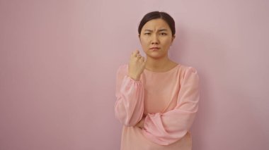 Pembe arka planda duran bir kadın yumuşak pembe bir bluz giymiş, basit ama çarpıcı bir kompozisyonda güzelliğini ve zarafetini sergiliyor..