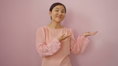 Pembe bir arka plana uzanmış, yumuşak pembe bir bluz giyen, davetkar ve neşeli bir atmosfer yaratan bir kadın..