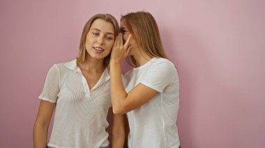 Sarışın ikizleri andıran kız kardeşler pembe arka planda bir sırrı paylaşıyorlar, soyutlanmış bir ortamda aile sevgisi ve bağ yayıyorlar..