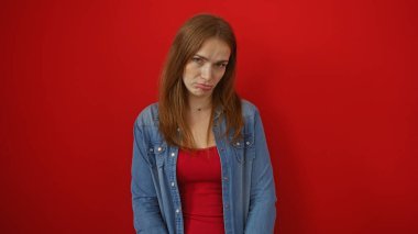 Kot ceketli kahverengi saçlı kadın, canlı kırmızı bir duvara karşı üzgün görünüyor. Duygularını basit ama güçlü bir görsel ortamda aktarıyor..