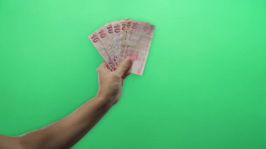 Elinde Türk lirası banknotları olan bir adam, izole edilmiş yeşil arka plan duvar gösterme para birimi üzerinde duruyor..