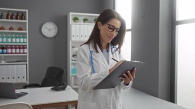 Pano kliniği resepsiyonunda çalışan kadın doktor. Kendine güvenen, kendine güvenen, profesyonel, kendine güvenen bir kadın sağlık hastanesinde çalışıyor..