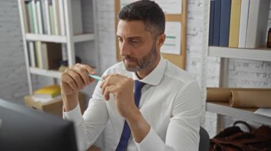 Modern ofis alanındaki masa başında dosya ve kitap raflarıyla çevrili bir adam, profesyonel iç çalışma ortamında yoğunlaşmayı vurguluyor.