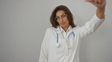 Gözlük ve steteskop takan kadın doktor, beyaz bir arkaplanda baş parmak hareketi yaparak sağlık hizmetleri bağlamında onaylamadığını veya eleştiri yaptığını belirtiyor..