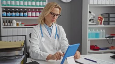 Hastane odasında tıbbi malzemelerle dolu tablet kullanan kadın doktor, klinik bir ortamda hasta sağlığı hizmetlerini gösteriyor..