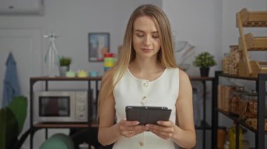 Modern ofis ortamında bitki ve raflarla tablet kullanan kadın, profesyonel ve çağdaş bir stil sergiliyor.