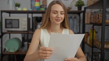 Ofis ortamında gazete okuyan bir kadın, mutfak eşyaları ve raflarla çevrili otururken gülümseyen sarışın beyaz bir kadın gibi görünüyor..