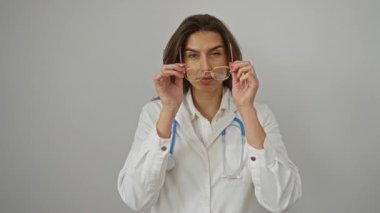 Gözlüklü ve steteskoplu kendine güvenen kadın doktor, izole edilmiş beyaz bir arka planda, tıbbi ortamda profesyonellik ve dostluk gösteriyor..