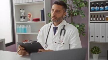 Tıbbi malzeme ve bitki ile çevrili hastane ofisinde beyaz önlük ve stetoskop giyen bir doktor..