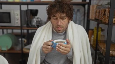 Adam kış sabahı mutfakta battaniyeye sarılmış çayı yudumluyor, rahat ve yansıtıcı görünüyor mutfak rafları ve yemek takımlarıyla çevrili..