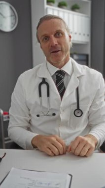 Sarışın, olgun, beyaz önlüklü ve steteskoplu bir adam hastane odasında konuşuyor, sağlık hizmetleri iletişimine odaklanmış profesyonel bir tıbbi durumu aktarıyor..