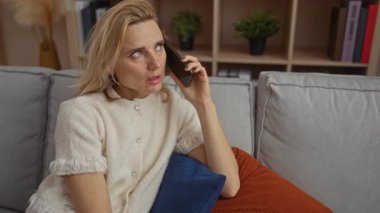 Rahat bir kanepede oturan, rahat bir oturma odasında telefonla konuşan, bitkilerle ve kitaplarla çevrili, huzurlu bir ev atmosferini canlandıran bir kadın..