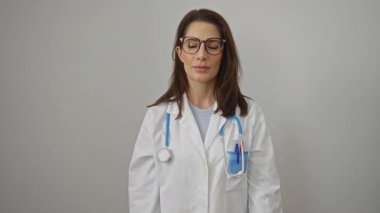 Steteskoplu ve gözlüklü bir kadın doktor beyaz arka planda, özgüvenle gülümsüyor..