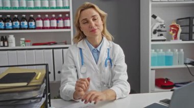 Klinikteki doktor kadın, boynunda steteskop olan beyaz önlüklü, iyi organize edilmiş bir çalışma alanında tıbbi ekipman ve malzemelerle çevrili..