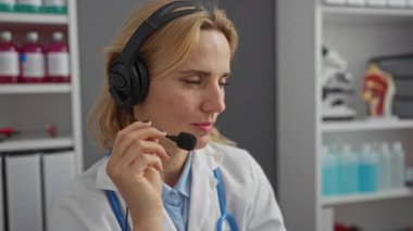 Klinikteki kadın doktor, hastane içinde tıbbi ekipman ve raflarla çevrili teletıp danışmanlığı yaparken gülümsüyor..
