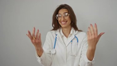 Gözlüklü ve steteskoplu beyaz önlüklü gülümseyen bir kadın dost canlısı ve profesyonel bir tıbbi davranış sergiliyor.