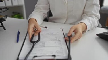 Klinikteki kadın doktor, elinde steteskopla profesyonel bir sağlık hizmetleri ortamında masa başında tıbbi belgeler tutuyor..