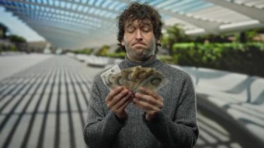 Bir şehir caddesinde İngiliz banknotlarını elinde tutan adam modern bir mimari yapı altında düşünceli bir ifade sergiliyor..