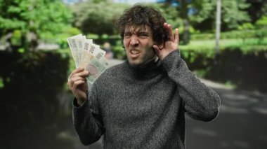 İspanyol asıllı bir adam, elinde Czech Koruna banknotları tutarken şehir sokaklarında bir jest yapıyor ve finans konularının arasında merakını gösteriyor..