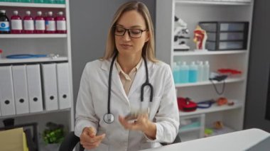 Tıbbi malzeme ve dosyalarla dolu klinikte steteskoplu beyaz önlüklü bir doktor telefonla konuşuyor..