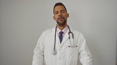 Beyaz önlük ve steteskop takmış, beyaz bir arka planda izole edilmiş, kendine güvenen İspanyol erkek doktor..