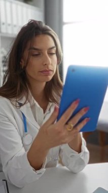 Klinikteki kadın doktor tablet kullanıyor, odaklanmış ve özenli, steteskop takıyor, çağdaş bir sağlık ortamında modern bir tıp uzmanının özünü yakalıyor..