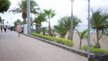 Bokeh efektleri ve dağılmış plaj geçmişiyle, İspanya, Ianzarote 'de palmiye çizgili bir gezinti güvertesinde yürüyen insanların bulanık görüntüsü.