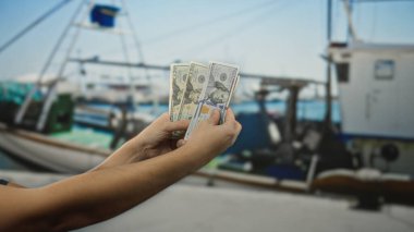 Arka planda tekneler olan bir limanda Amerikan doları tutan adam, deniz kenarındaki açık hava finans işlemlerinin özünü yakalıyor..