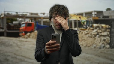 Açık havada duran akıllı telefonlu bir adam şehirdeki bir inşaat alanında stresli görünüyor..