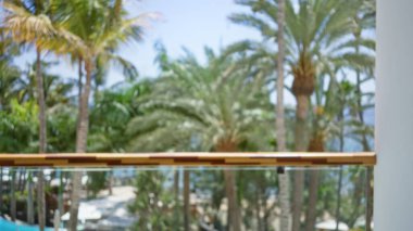 Bulanık tropik tatil köyü sahnesi. Parlak, güneşli bir gökyüzünün altında odakları kesilmiş palmiye ağaçları ve bulanık arka plan.