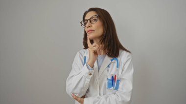 Kadın doktor, elleri çenesinde, esmer, gözlüklü, laboratuvar önlüklü, soyutlanmış beyaz arka plana karşı duran, düşünceli ve profesyonel davranışları var..