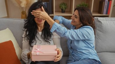 Kadınlar sürpriz bir hediyeyle neşeli bir anın tadını çıkarırken parlak ve hoş bir evde rahat bir kanepede oturuyorlar..