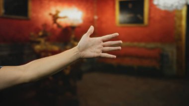 Zarif müze odasında sanat atmosferini ve kişisel jestlerini vurgulayan klasik bir dekorla elini uzatan bir adam..