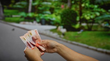 Bir şehir parkında Norveçli kron banknotları tutan adam, yeşil zemin ve açık alan ile finans teması sergiliyor..