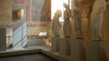 Tarihi harabelerin arasında antik sanat eserlerinin sergilendiği bir Roma müzesindeki bulanık heykeller..