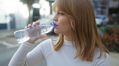 Şehir sokaklarında şişeden su içen bir kadın, şehir ortamında günlük yaşam tarzını sergiliyor, güzelliği, suyu ve modern refahı vurguluyor..