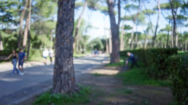 Bulanık insanların Roma 'da odağını kaybetmiş ağaçlarla ve patikayla dolu villa borghese bahçelerinde yürüdüğü açık hava sahnesi..