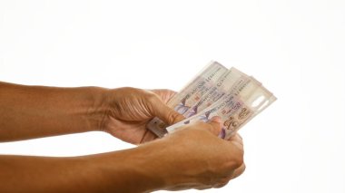 İzole edilmiş beyaz bir arkaplan üzerinde tek bir dolar tutan eller, finansal yönleri ve para birimi ayrıntılarını vurguluyor